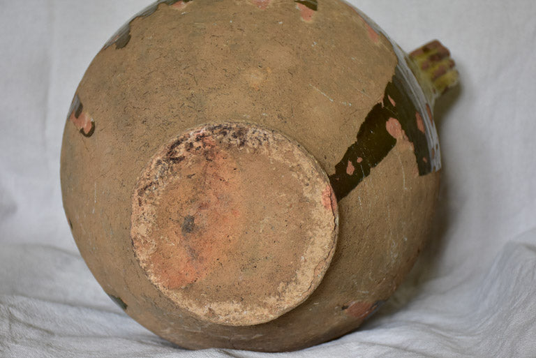 Very large antique French confit pot with fatigued green glaze 13"