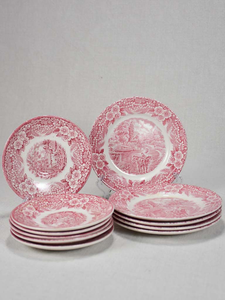 Six saucers and five dessert ironstone plates - pink transfer-ware - J. Broadhurst