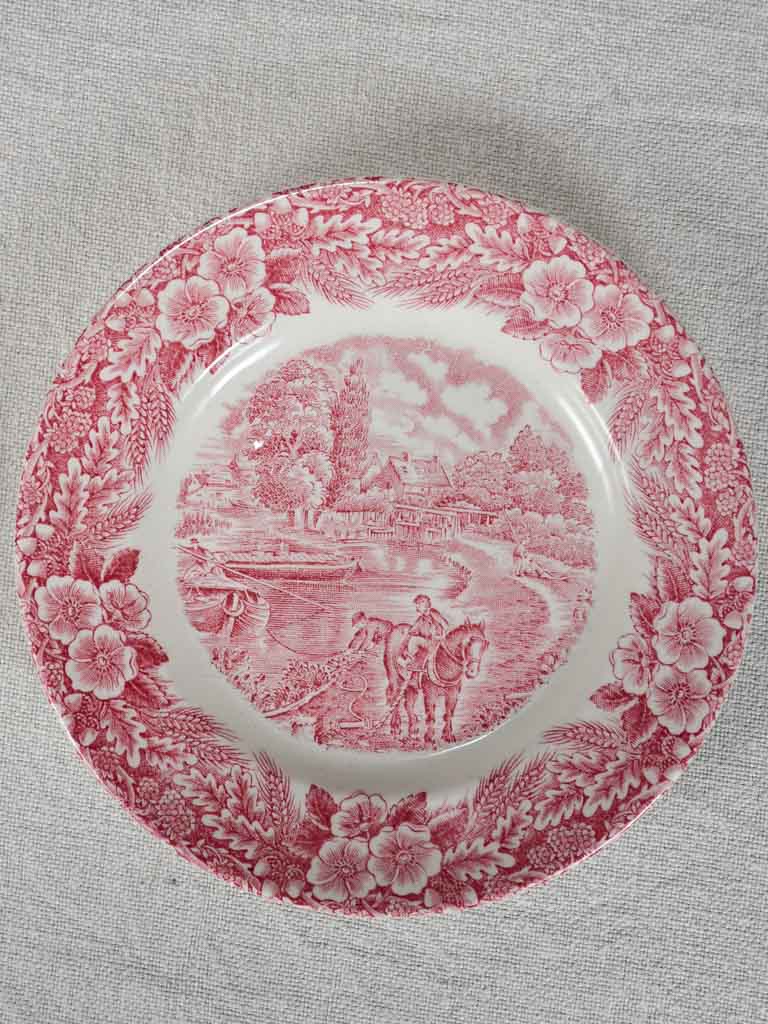 Six saucers and five dessert ironstone plates - pink transfer-ware - J. Broadhurst