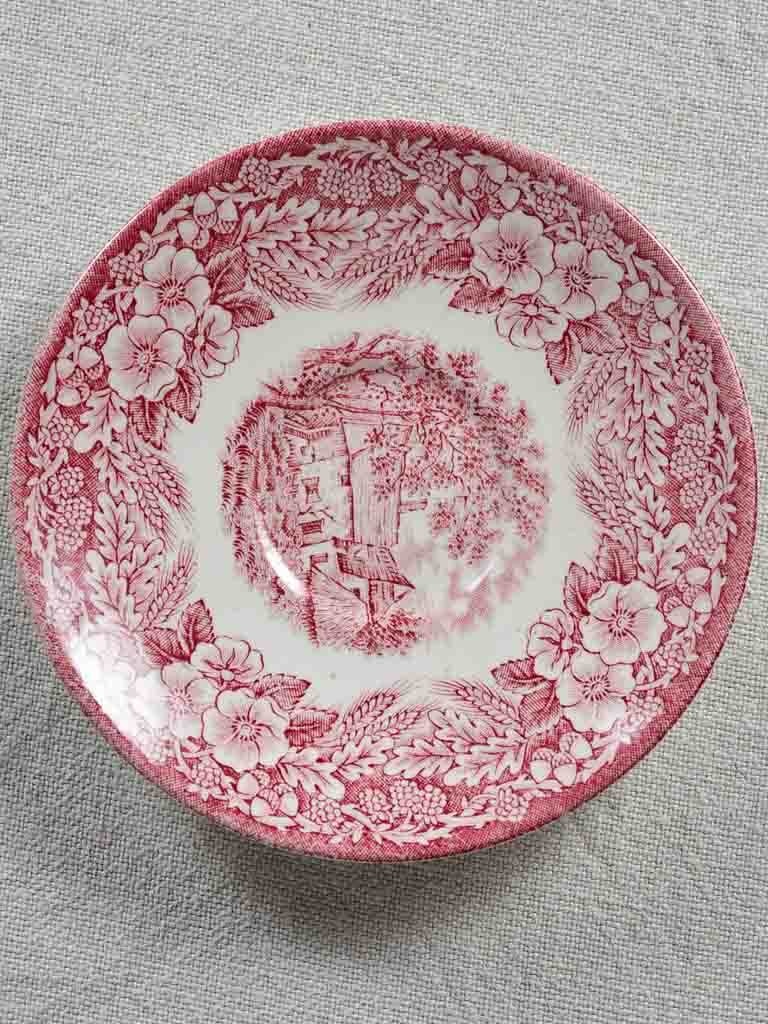 Six saucers and five dessert ironstone plates - pink transfer-ware - J. Broadhurst