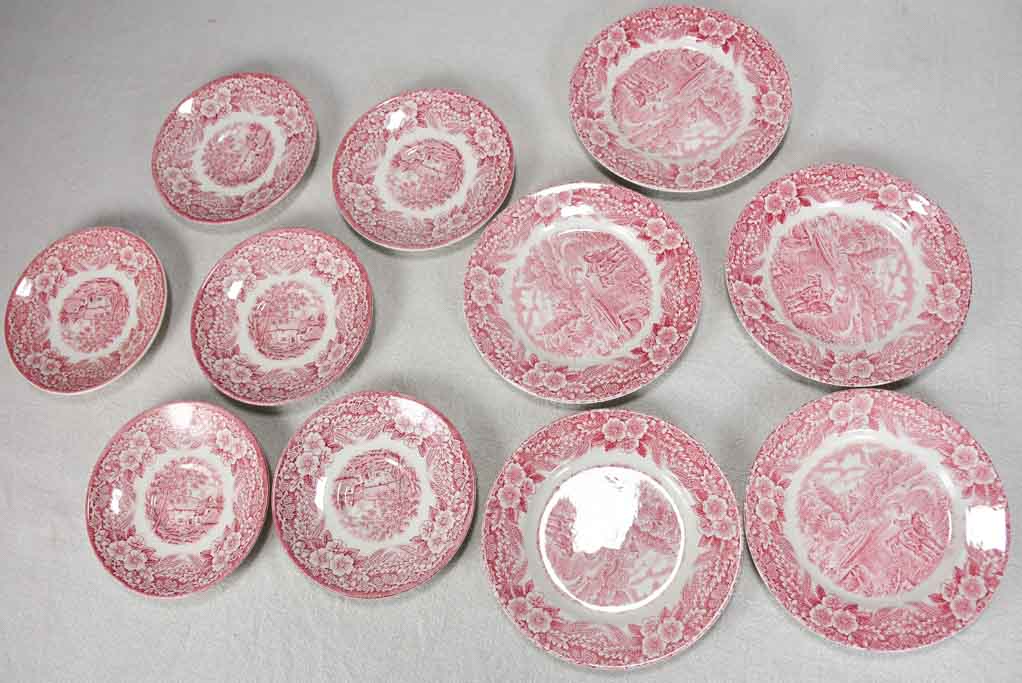 Six saucers and five dessert ironstone plates - pink transfer-ware - J. Broadhurst