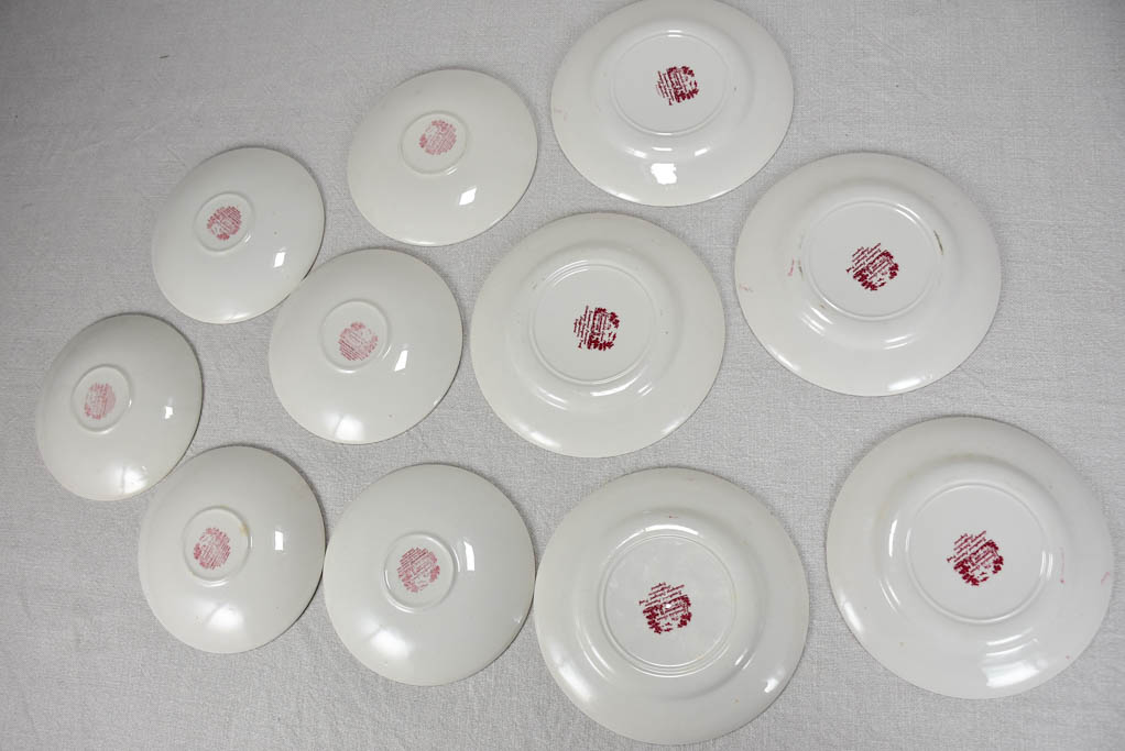 Six saucers and five dessert ironstone plates - pink transfer-ware - J. Broadhurst