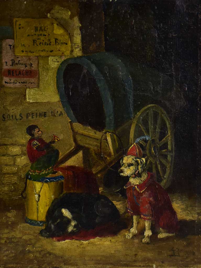 Small antique French painting of performing dogs and a wagon 10¾" x 8"