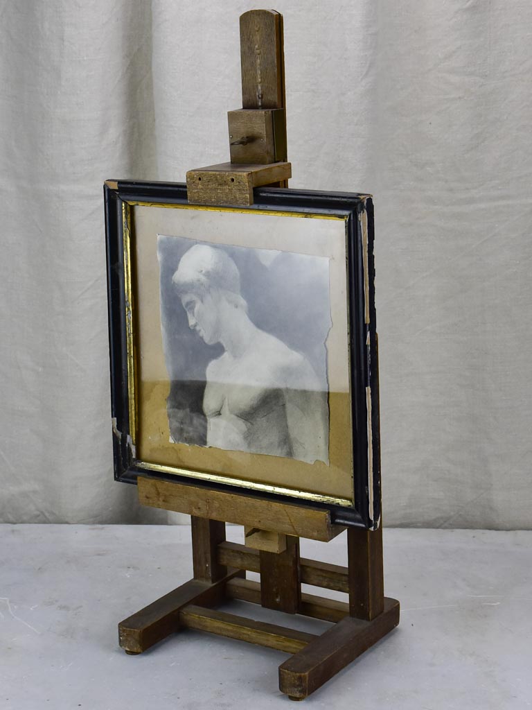 Antique French easel with monochrome portrait of a man 11½" x 12¼"