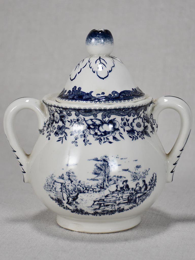 Black and white transferware sugar bowl with lid