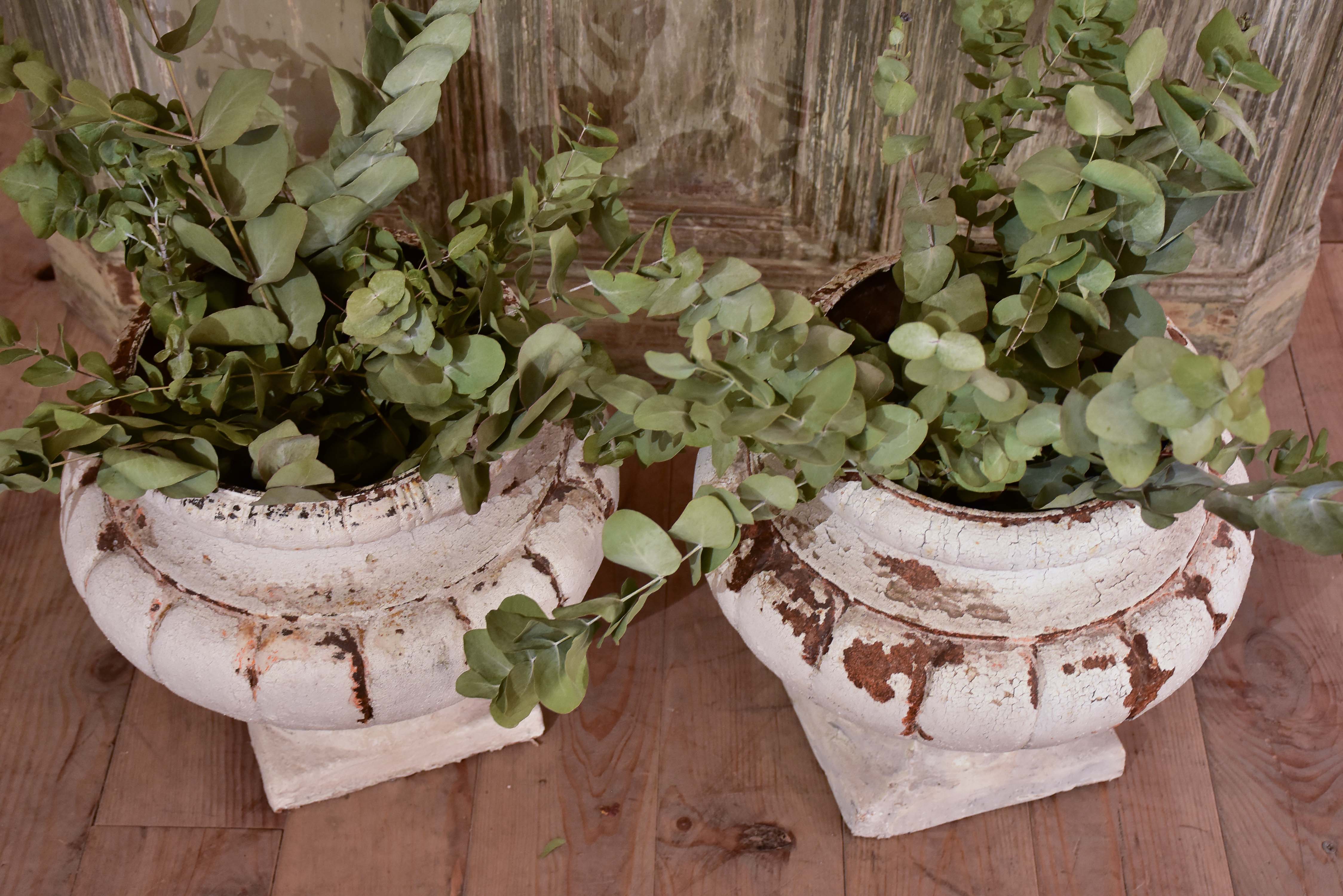 Two vintage French garden urns with white patina