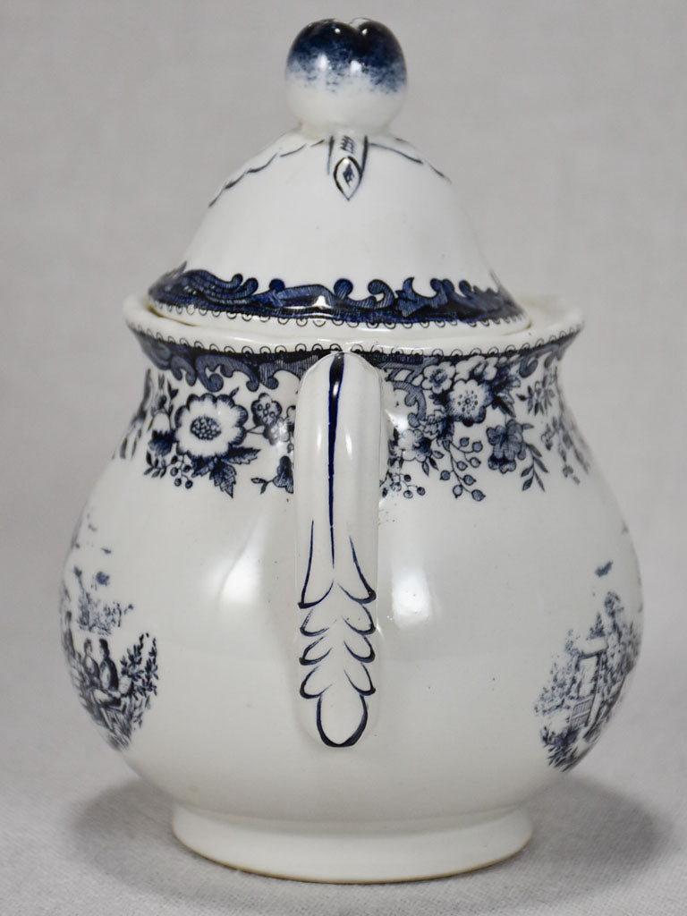 Black and white transferware sugar bowl with lid