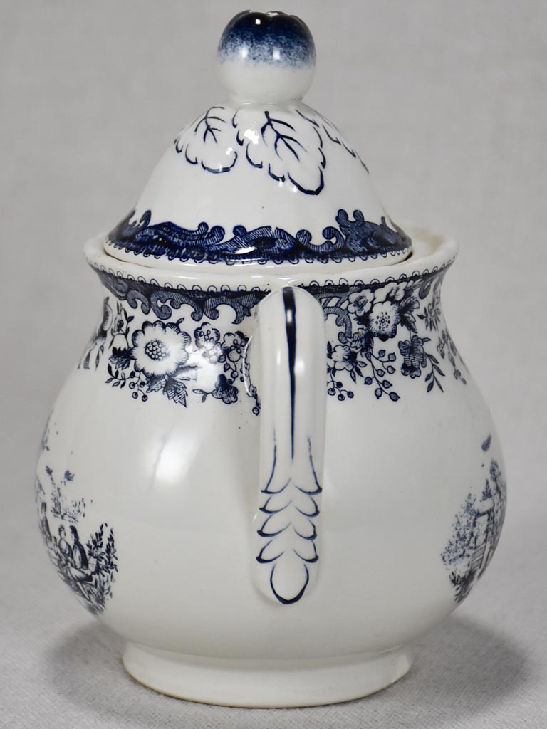 Black and white transferware sugar bowl with lid