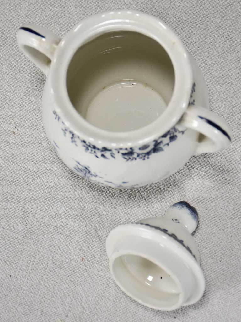 Black and white transferware sugar bowl with lid