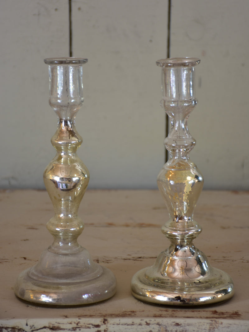 Rustic pair of 18th century mercury glass candlesticks