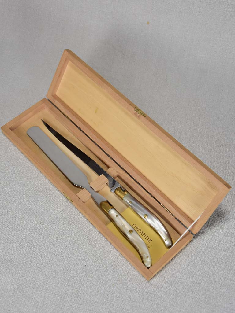 1970's Laguiole foie gras knife set by Claude Dozorme with nacrine handles