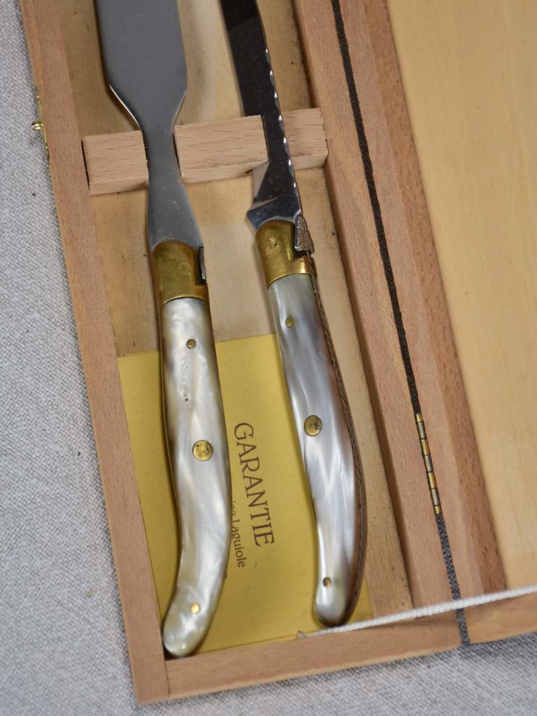 1970's Laguiole foie gras knife set by Claude Dozorme with nacrine handles