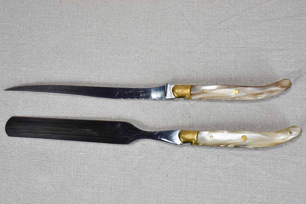 1970's Laguiole foie gras knife set by Claude Dozorme with nacrine handles