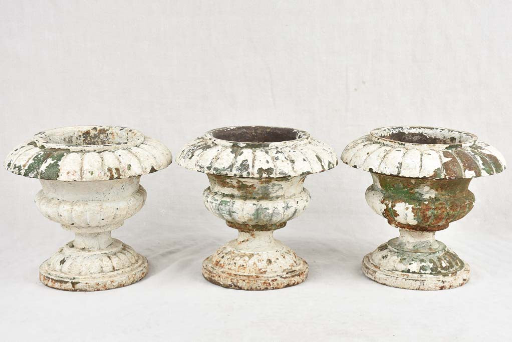 3 antique Medici urns - cast iron w/ white & green patina 12¼"