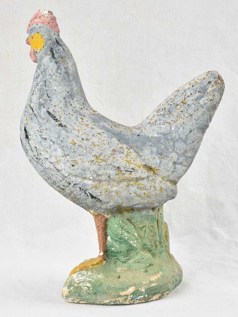 Vintage French garden sculpture of a chicken with blue patina 15¼"