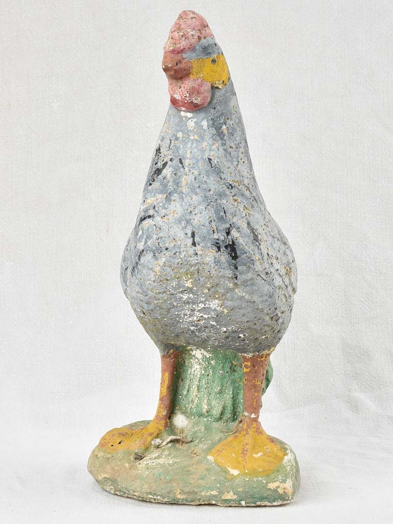 Vintage French garden sculpture of a chicken with blue patina 15¼"