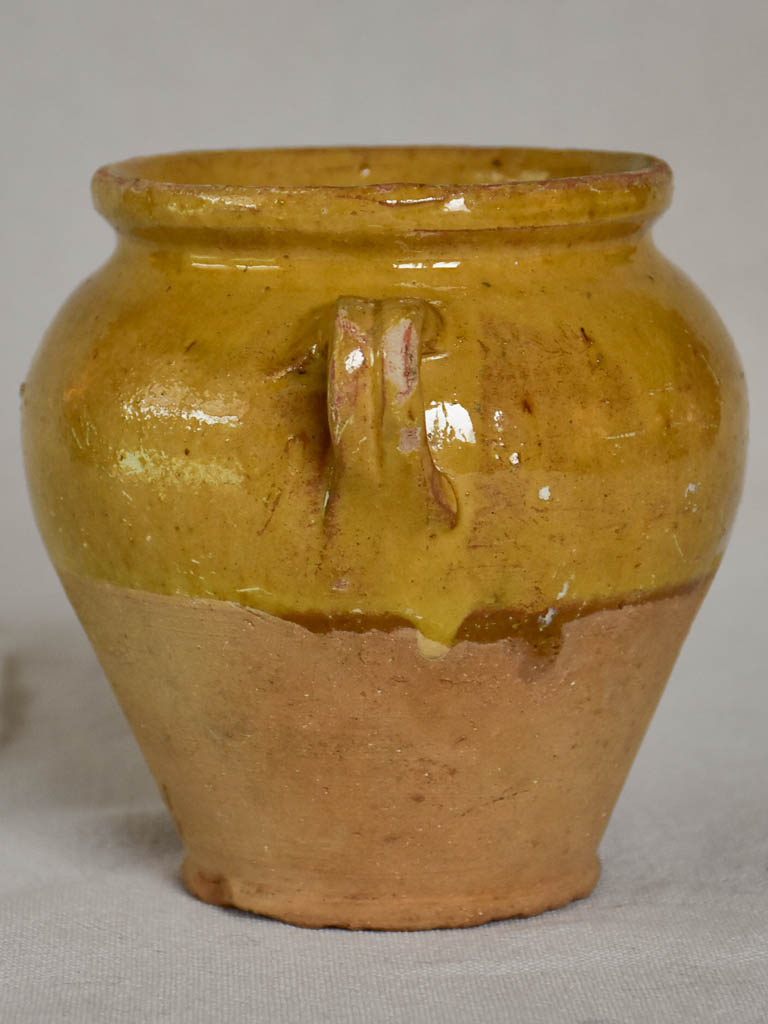 Very small vintage French confit pot with yellow glaze 5"