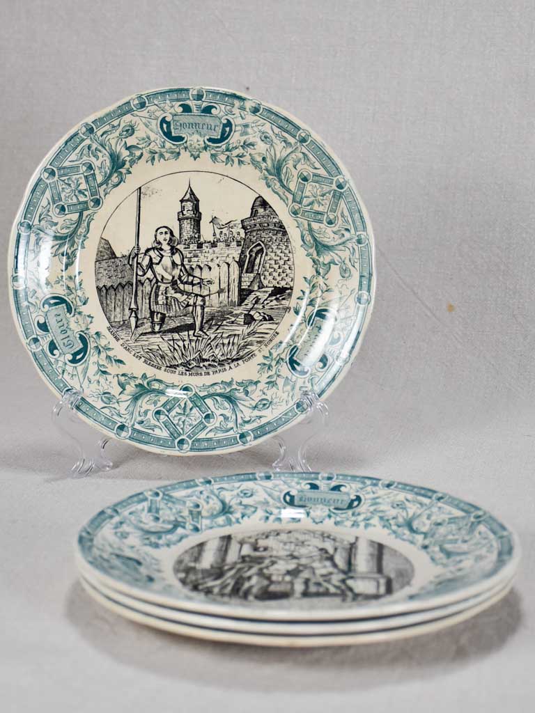 Set of four Sarreguemines themed story plates from the nineteenth-century - green 7½"