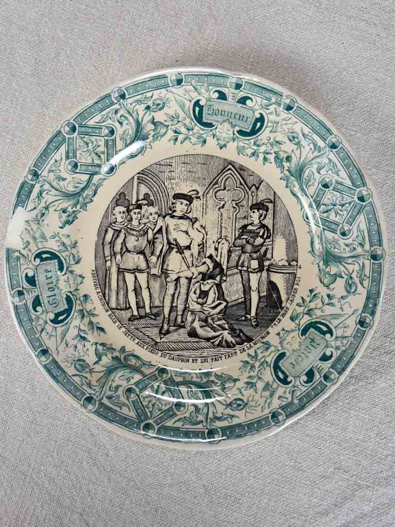 Set of four Sarreguemines themed story plates from the nineteenth-century - green 7½"