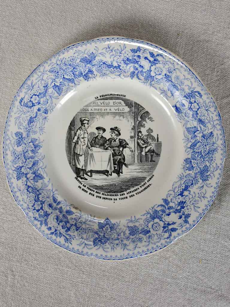 Set of four Velocipedomaine themed story plates from the nineteenth-century - blue 8"