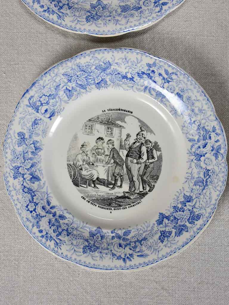 Set of four Velocipedomaine themed story plates from the nineteenth-century - blue 8"