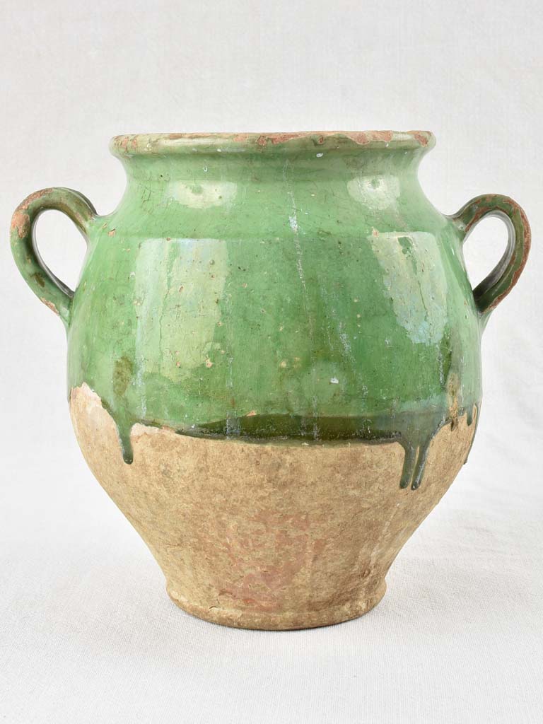 Antique French confit pot with green glaze 9¾"