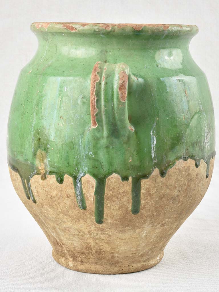 Antique French confit pot with green glaze 9¾"