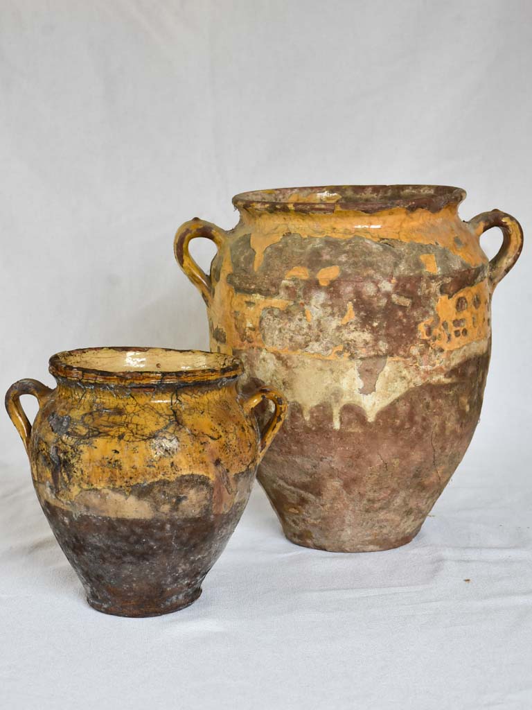 Two rustic French confit pots with yellow glaze 8¼" & 13"