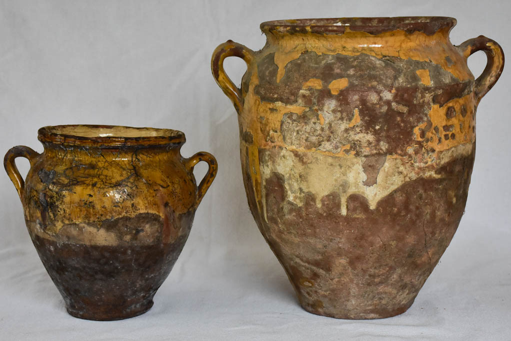 Two rustic French confit pots with yellow glaze 8¼" & 13"