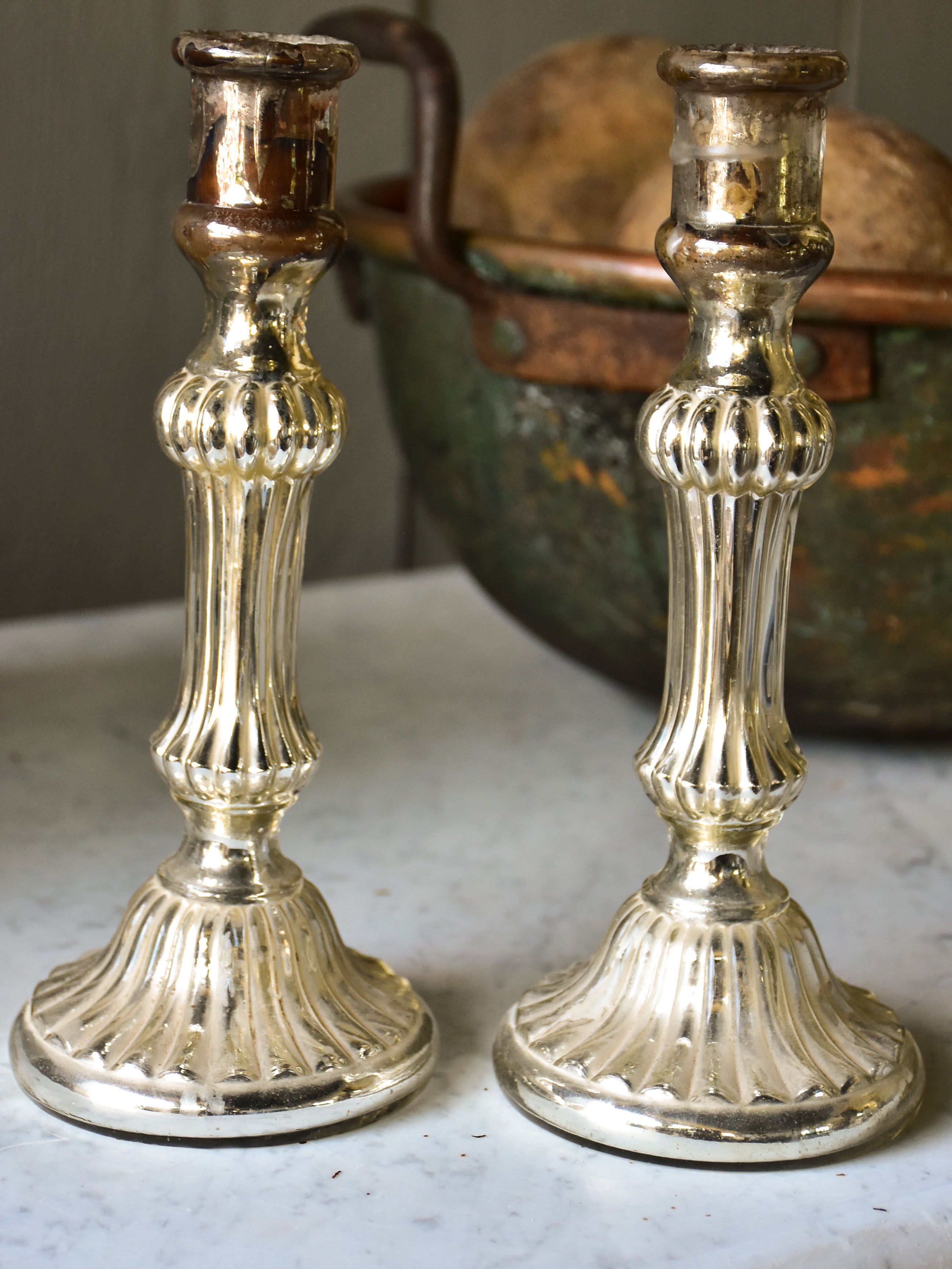 Pair of late 19th century French mercury glass candlesticks