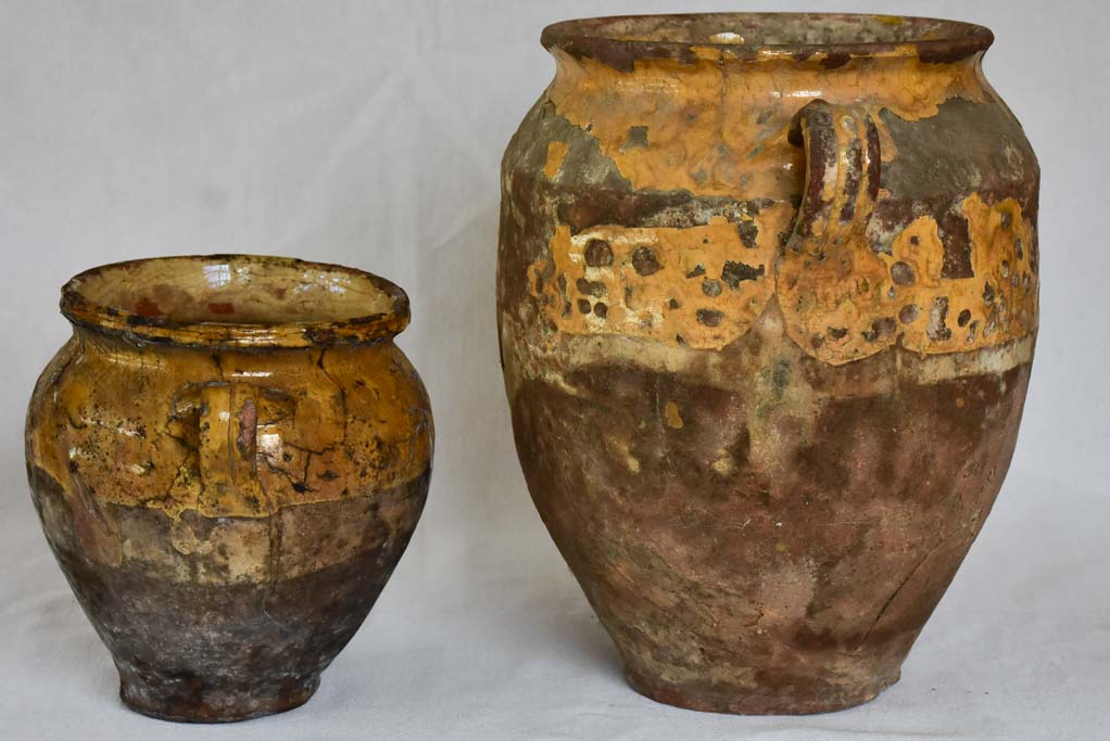 Two rustic French confit pots with yellow glaze 8¼" & 13"