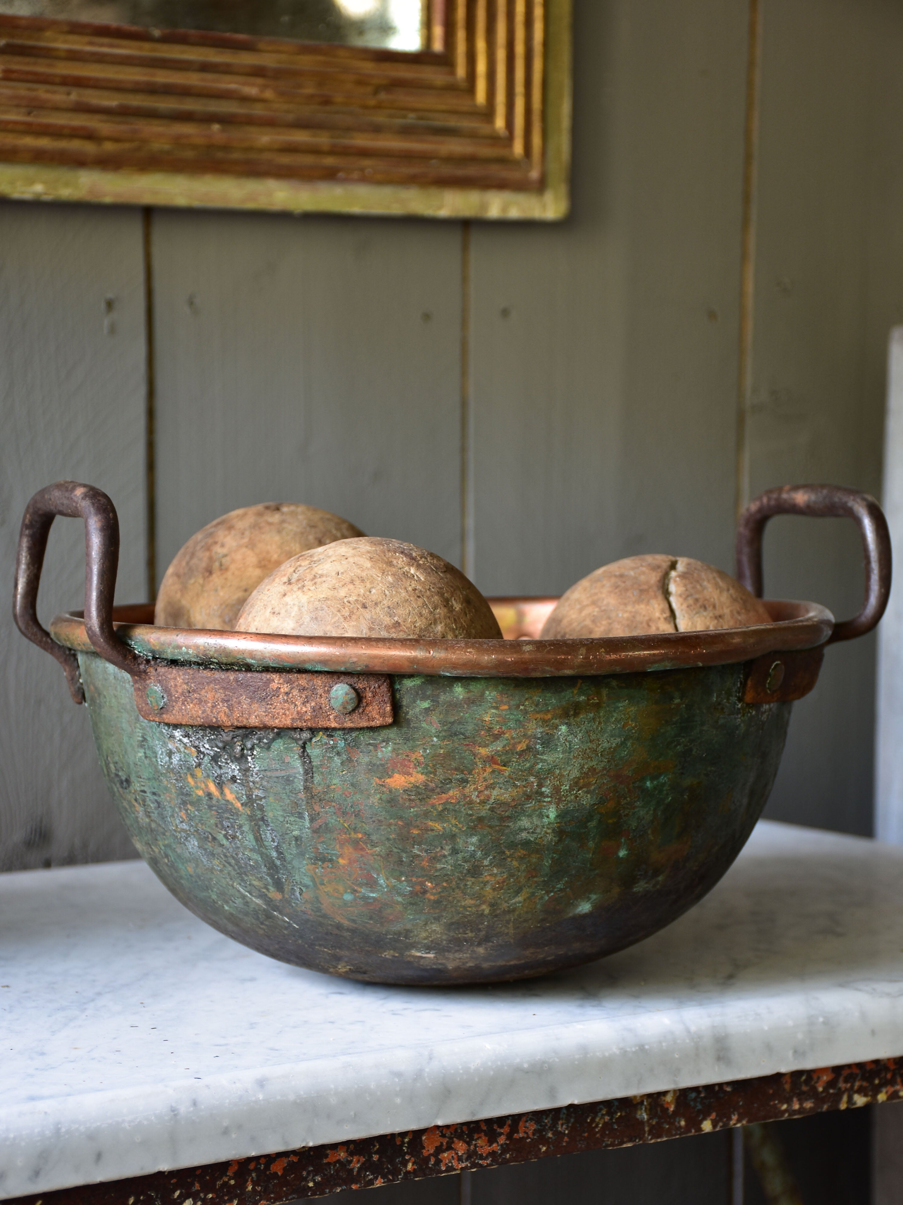 Rustic round French copper bowl with handles