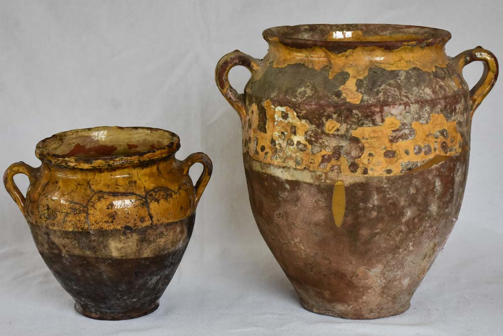 Two rustic French confit pots with yellow glaze 8¼" & 13"