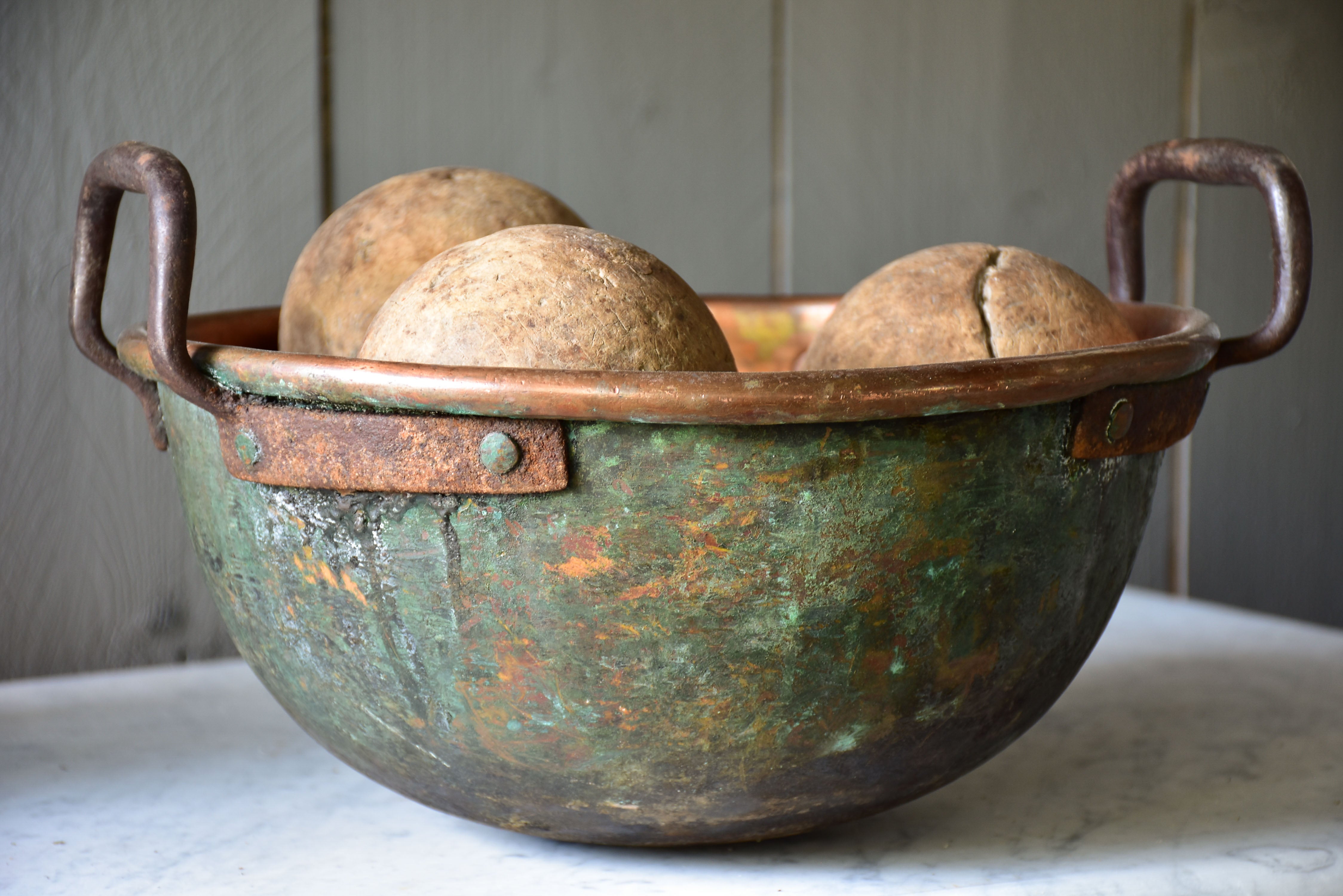 Rustic round French copper bowl with handles