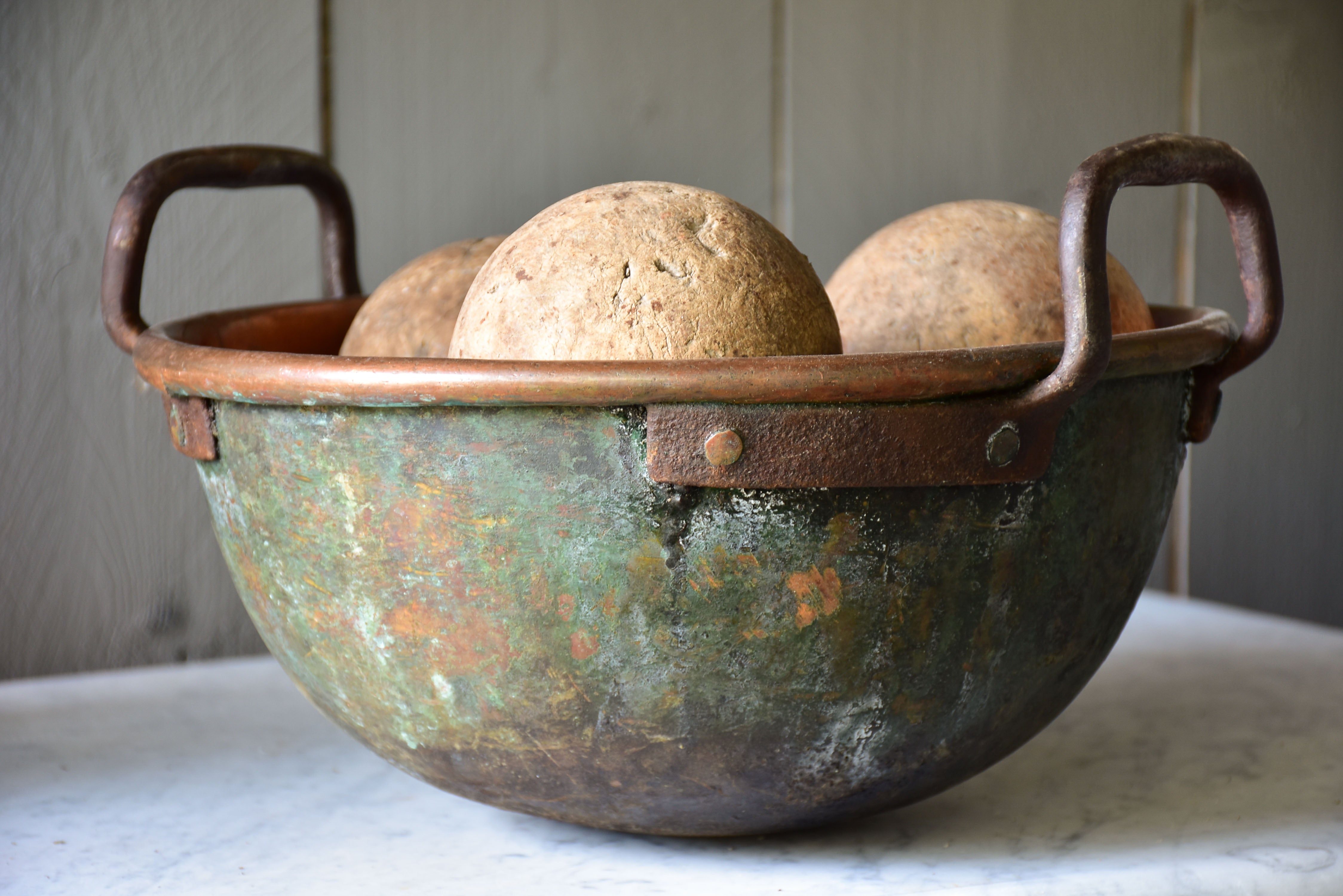 Rustic round French copper bowl with handles