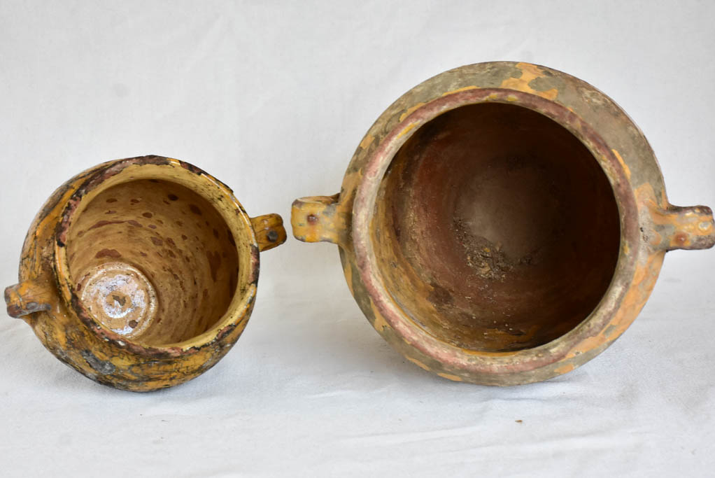 Two rustic French confit pots with yellow glaze 8¼" & 13"