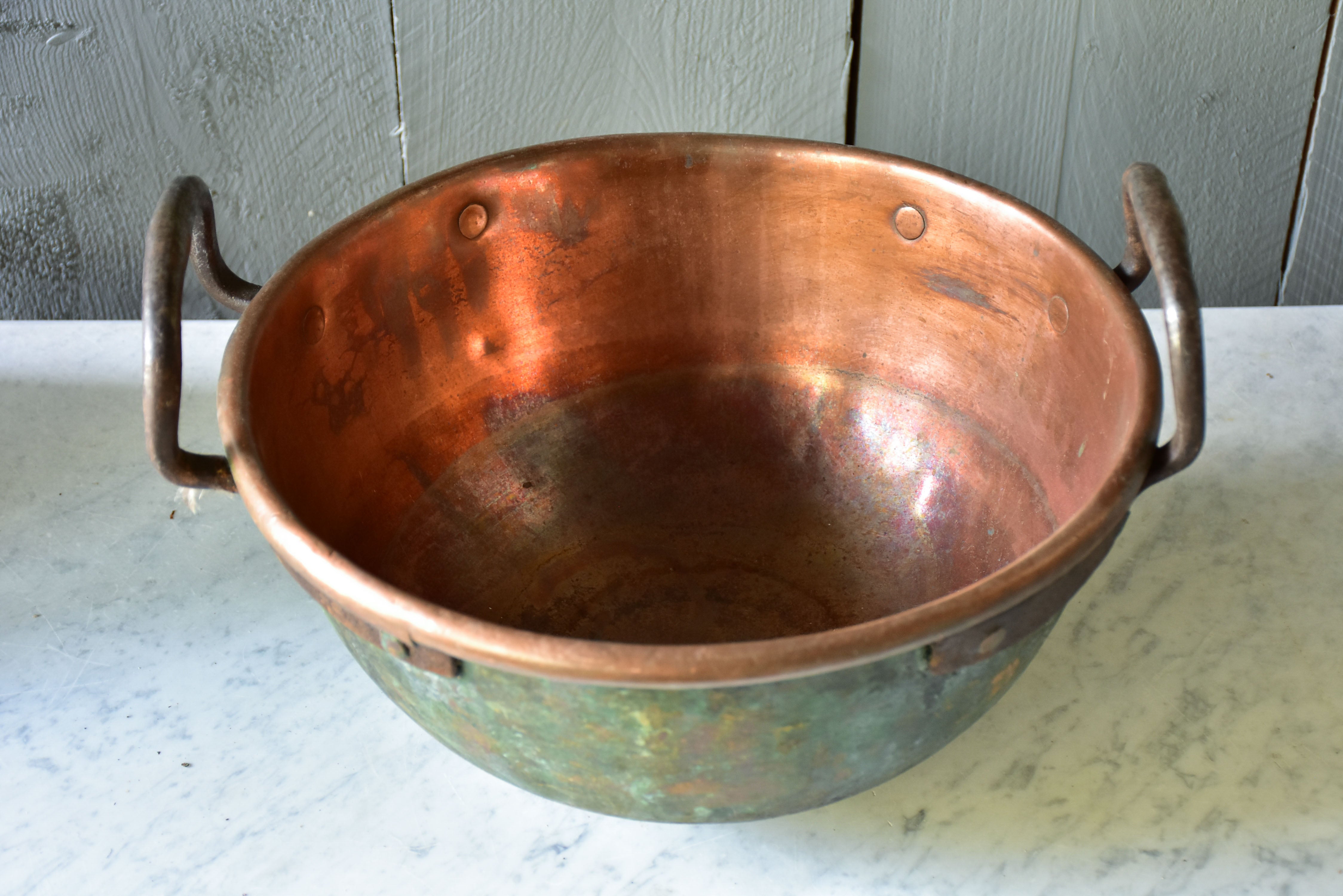 Rustic round French copper bowl with handles