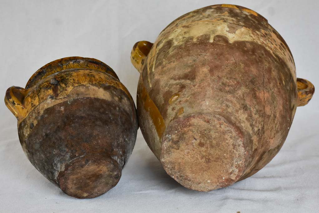 Two rustic French confit pots with yellow glaze 8¼" & 13"