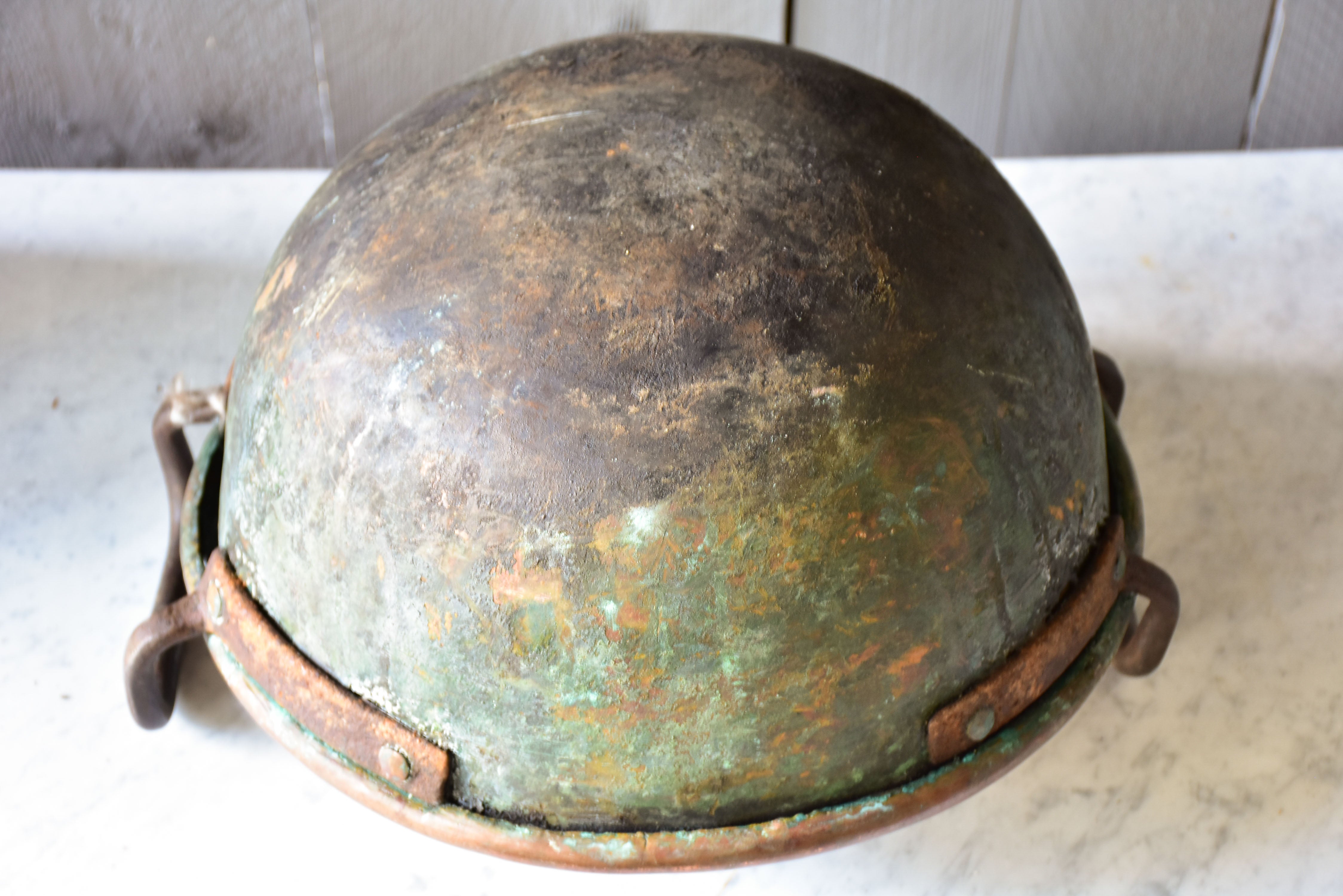 Rustic round French copper bowl with handles