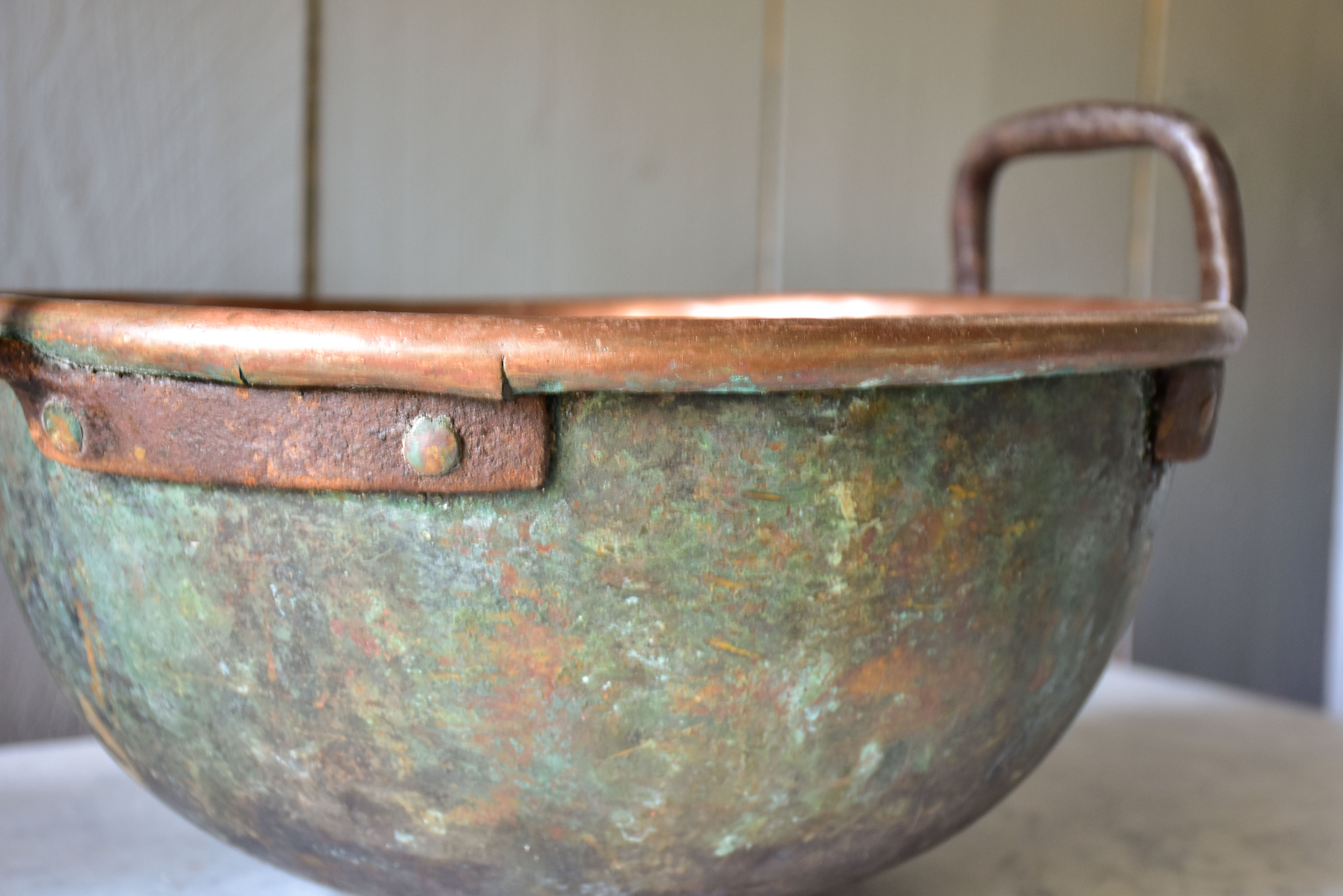 Rustic round French copper bowl with handles