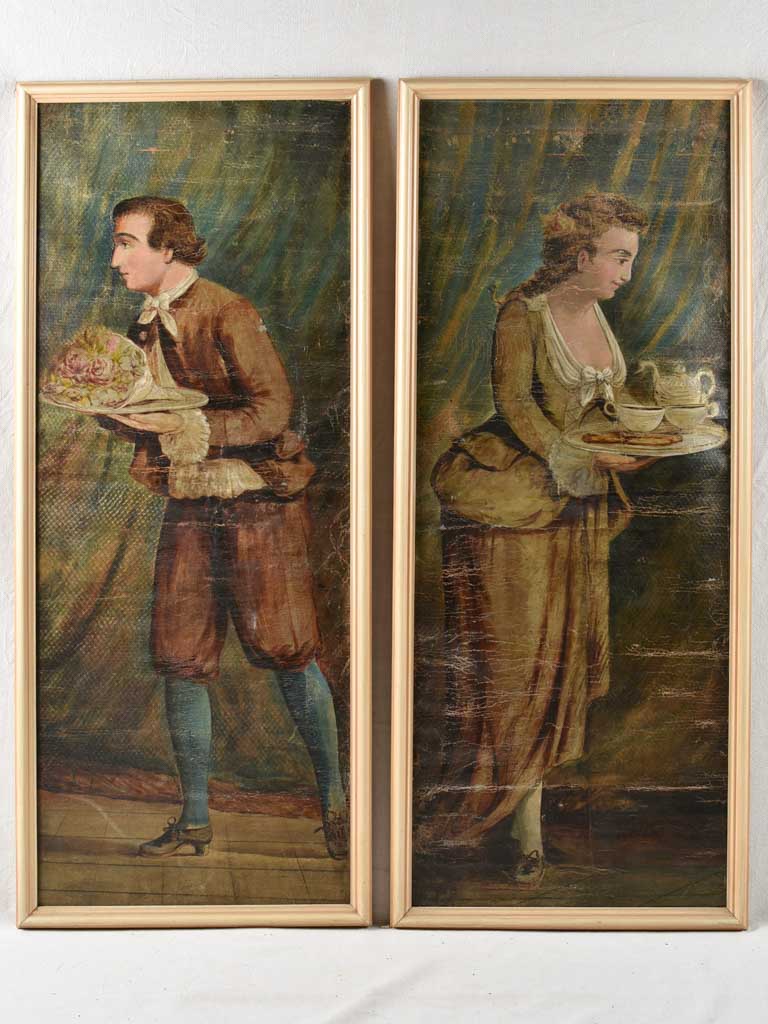 2 large antique French paintings of servants 56¾" x 24"