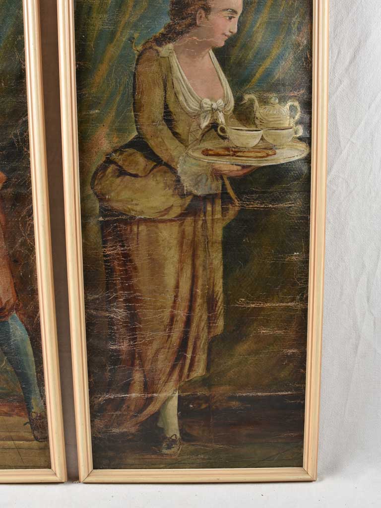 2 large antique French paintings of servants 56¾" x 24"