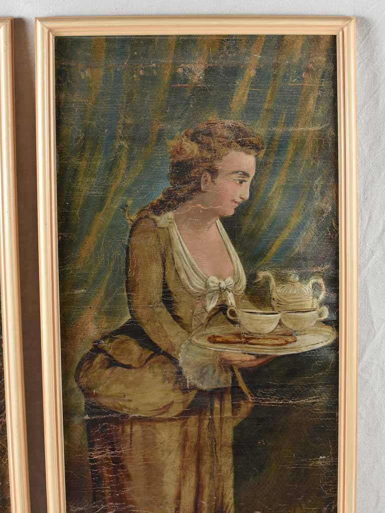 2 large antique French paintings of servants 56¾" x 24"