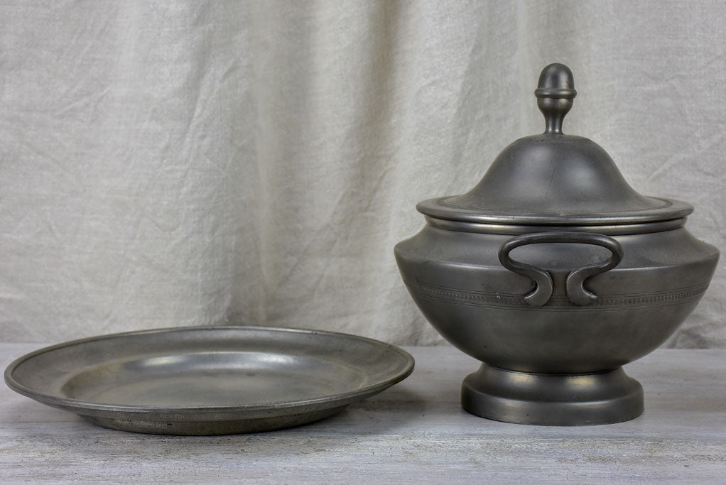 Mid century pewter soup tureen and plate