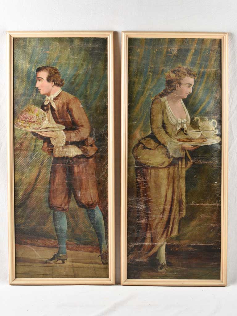 2 large antique French paintings of servants 56¾" x 24"