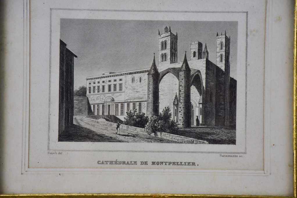 Antique French framed engraving - Cathedral de Montpellier 5½" x 7"