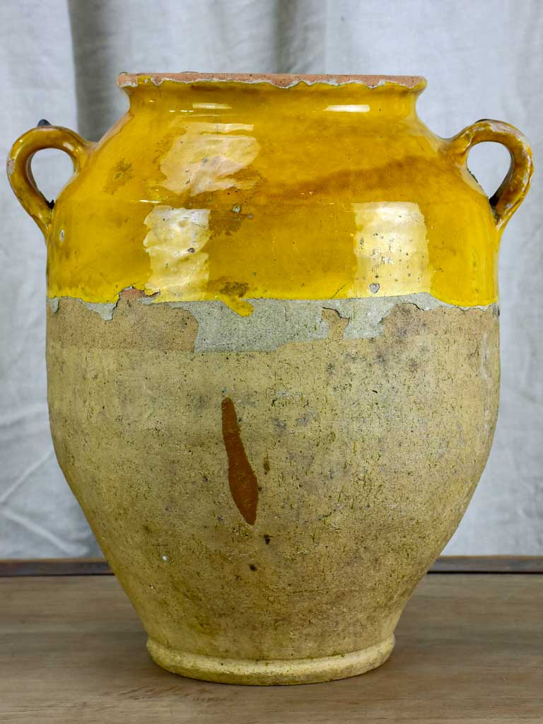 Very large antique French confit pot with yellow glaze 14 ½"