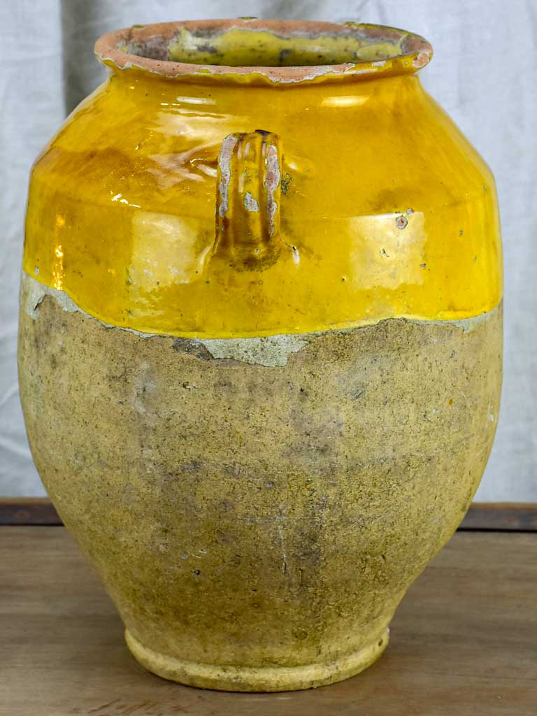 Very large antique French confit pot with yellow glaze 14 ½"