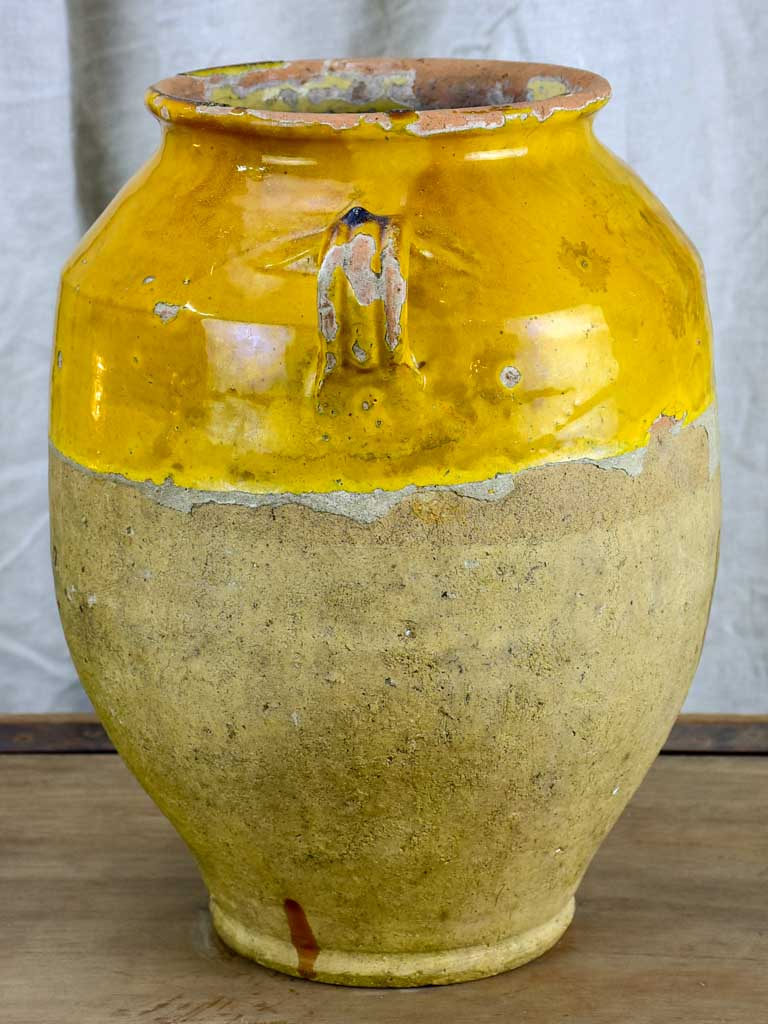 Very large antique French confit pot with yellow glaze 14 ½"