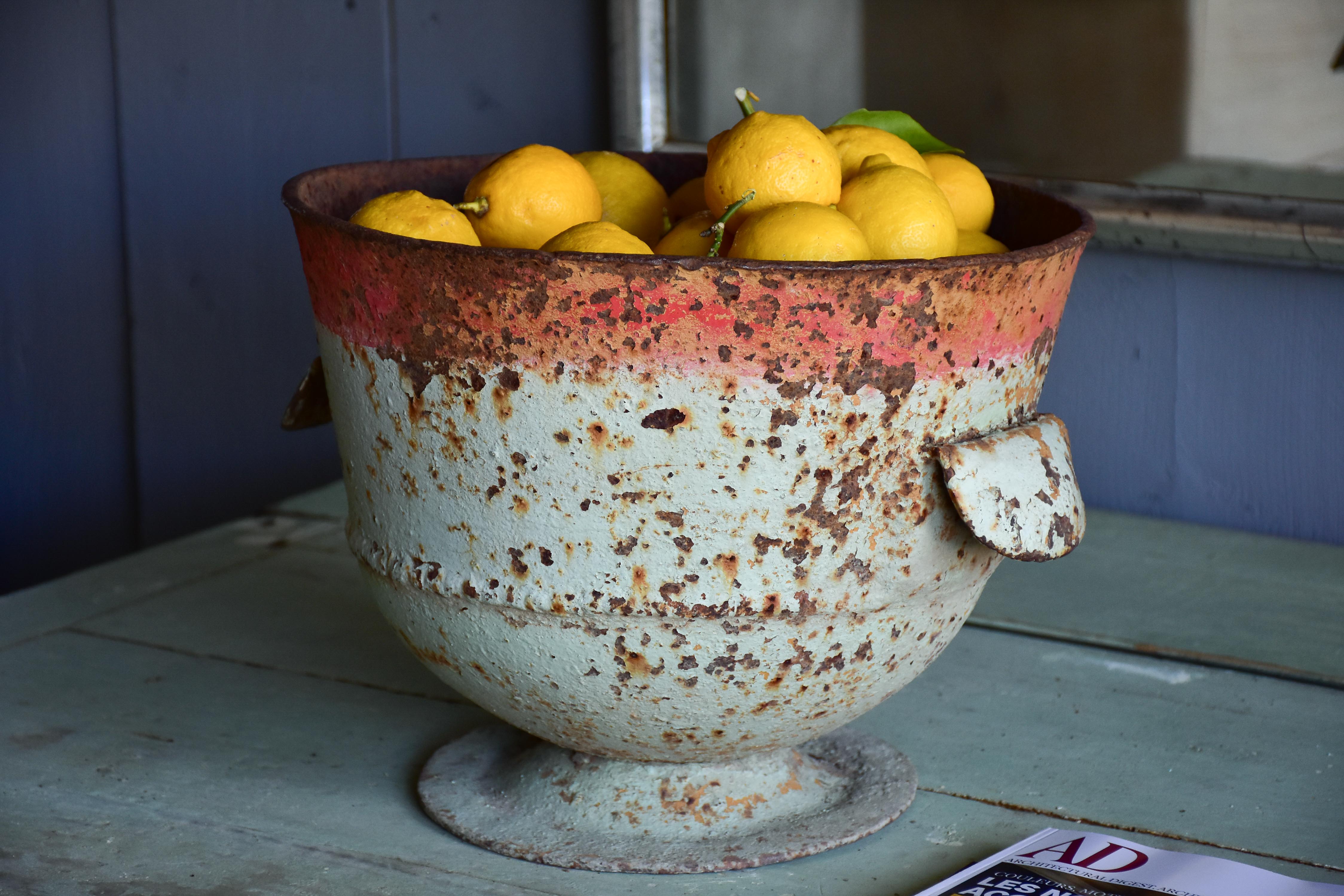 Rustic French planter with aqua and red patina